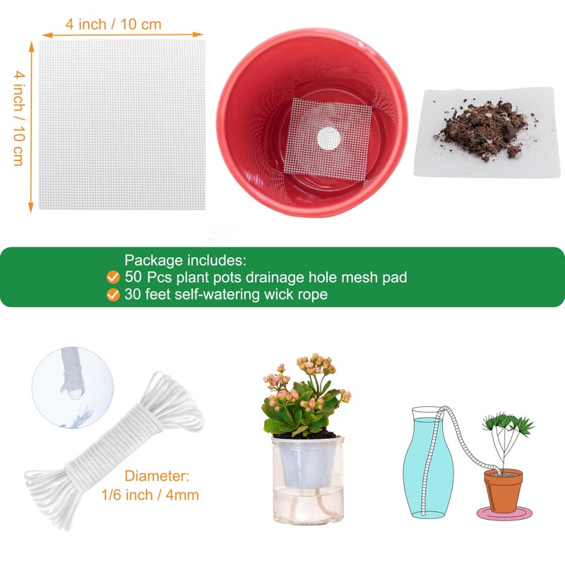 ORIMERC 50 Pcs Plant Pot Bottom Hole 4" Mesh Pad, Keep Soil from Falling Out Drainage Hole, Square Potted Bonsai Succulent Flower Planter Grid Mat Screen Gardening Gasket Cover, with 30ft Self Watering Rope - Image 2